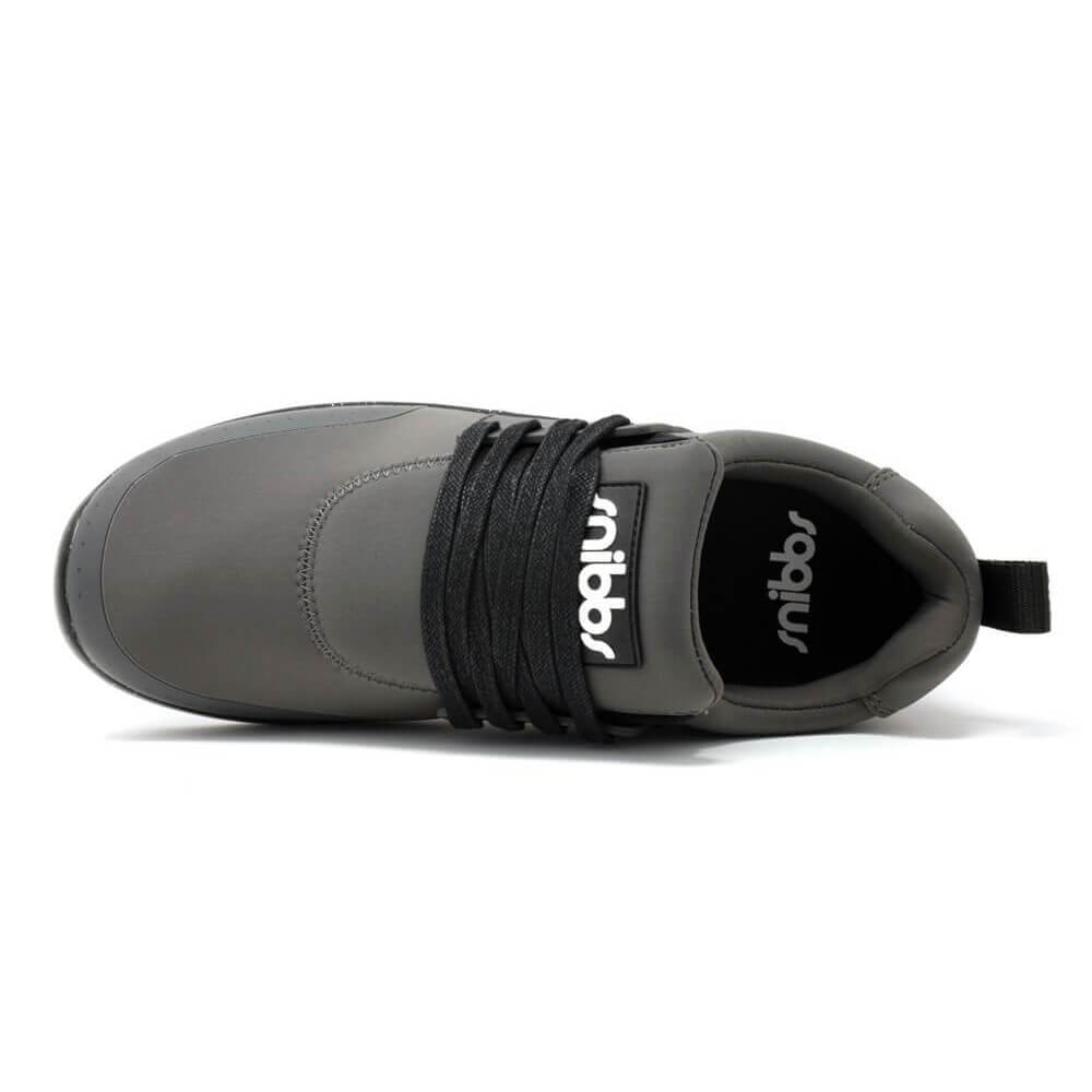 Top view of the Snibbs Spacecloud 2.0 - Charcoal (2023), featuring black laces, a black pull-tab at the heel, and Snibbs branding on the tongue and insole; this durable work shoe is crafted from recycled materials.