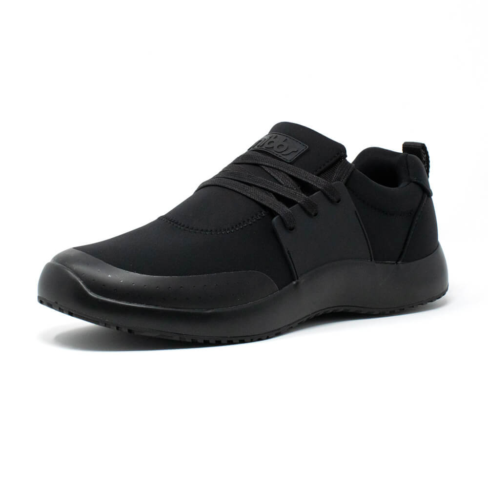 The Men's Spacecloud - Eclipse Black by Snibbs is a black athletic sneaker featuring a low-top silhouette, lace-up closure, and a textured, slip-resistant sole. 