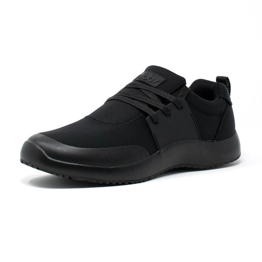 The Men's Spacecloud - Eclipse Black by Snibbs is a black athletic sneaker featuring a low-top silhouette, lace-up closure, and a textured, slip-resistant sole. 