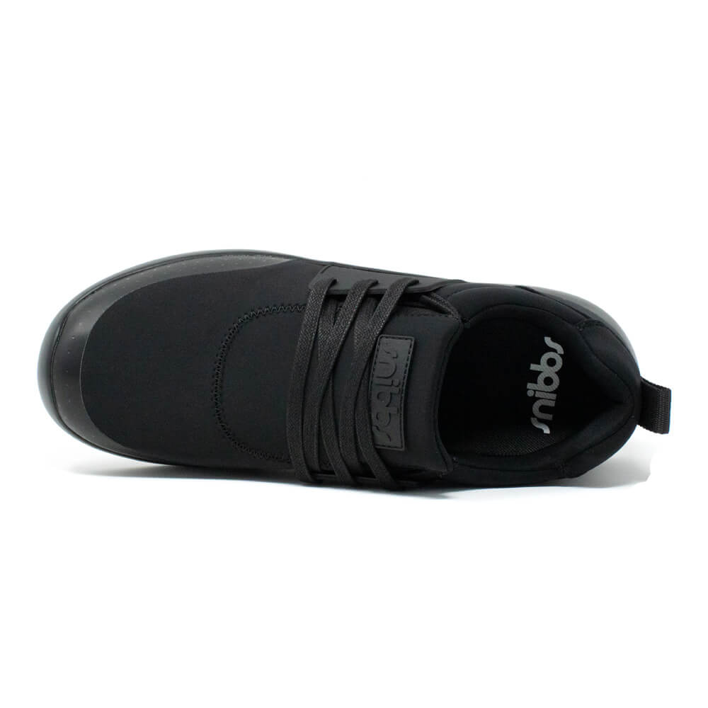Top view of the Snibbs Men's Spacecloud - Eclipse Black work sneaker, featuring black laces, a black sole, and the Snibbs logo visible on the insole. Made from recycled materials, this shoe includes a pull tab at the heel and a slip resistant sole for enh