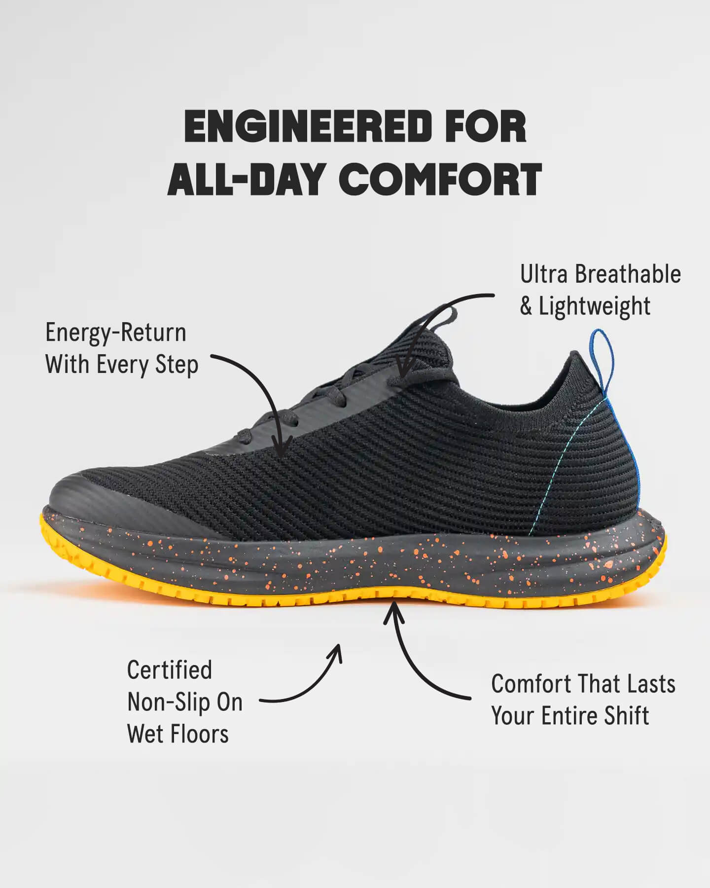 The Snibbs ROVR - WCK is a black athletic shoe with an orange-speckled sole, designed for lightweight comfort and slip resistance.