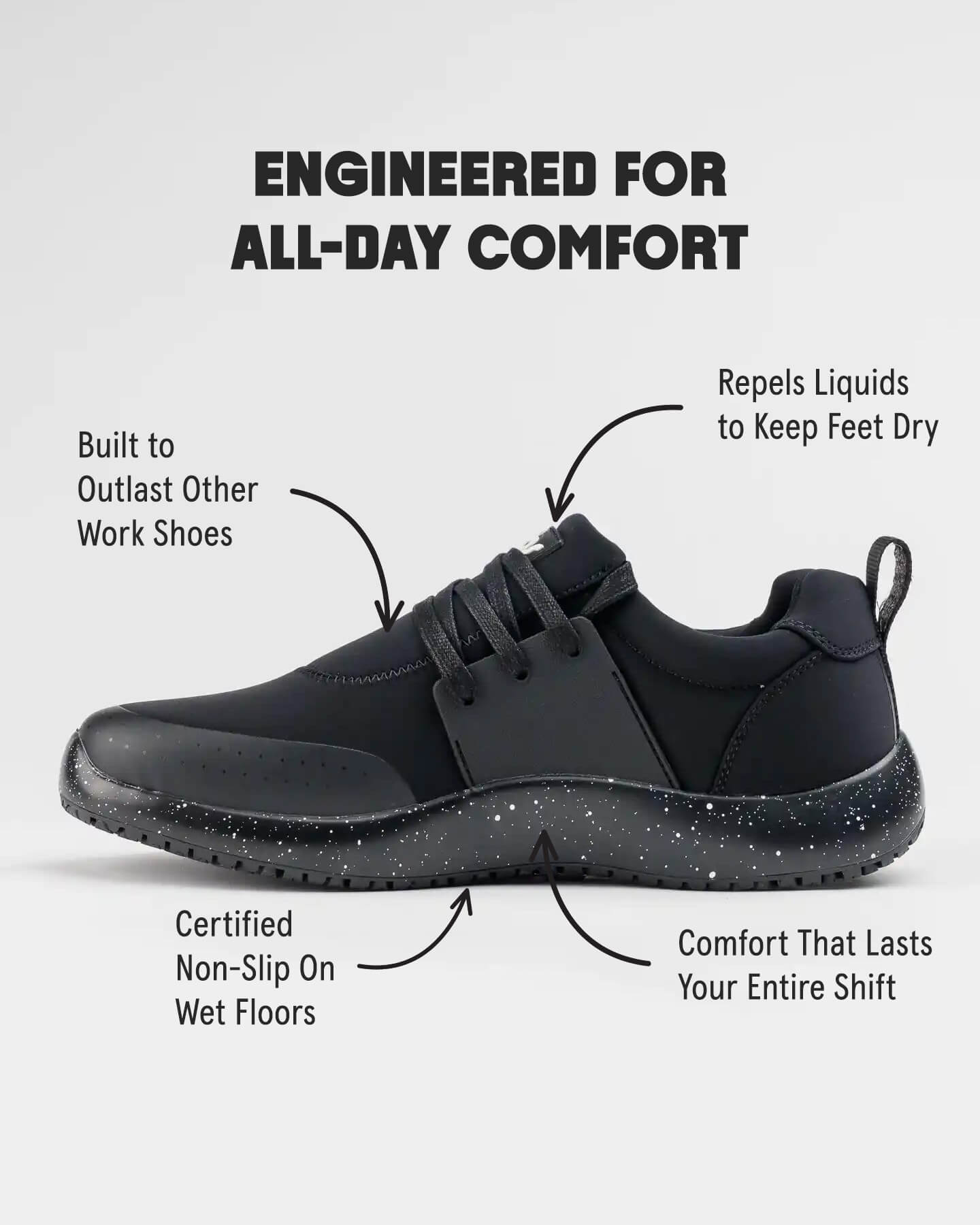 Snibbs Spacecloud 2.0 - Black Speckle: vegan, comfy, durable work sneaker with slip-resistant and liquid-repellent features.