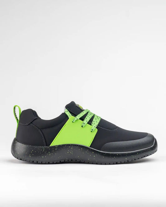 Snibbs Spacecloud 2.0 - Lime Truck: black work sneaker with green accents, speckled slip-resistant sole, and green laces in side view.