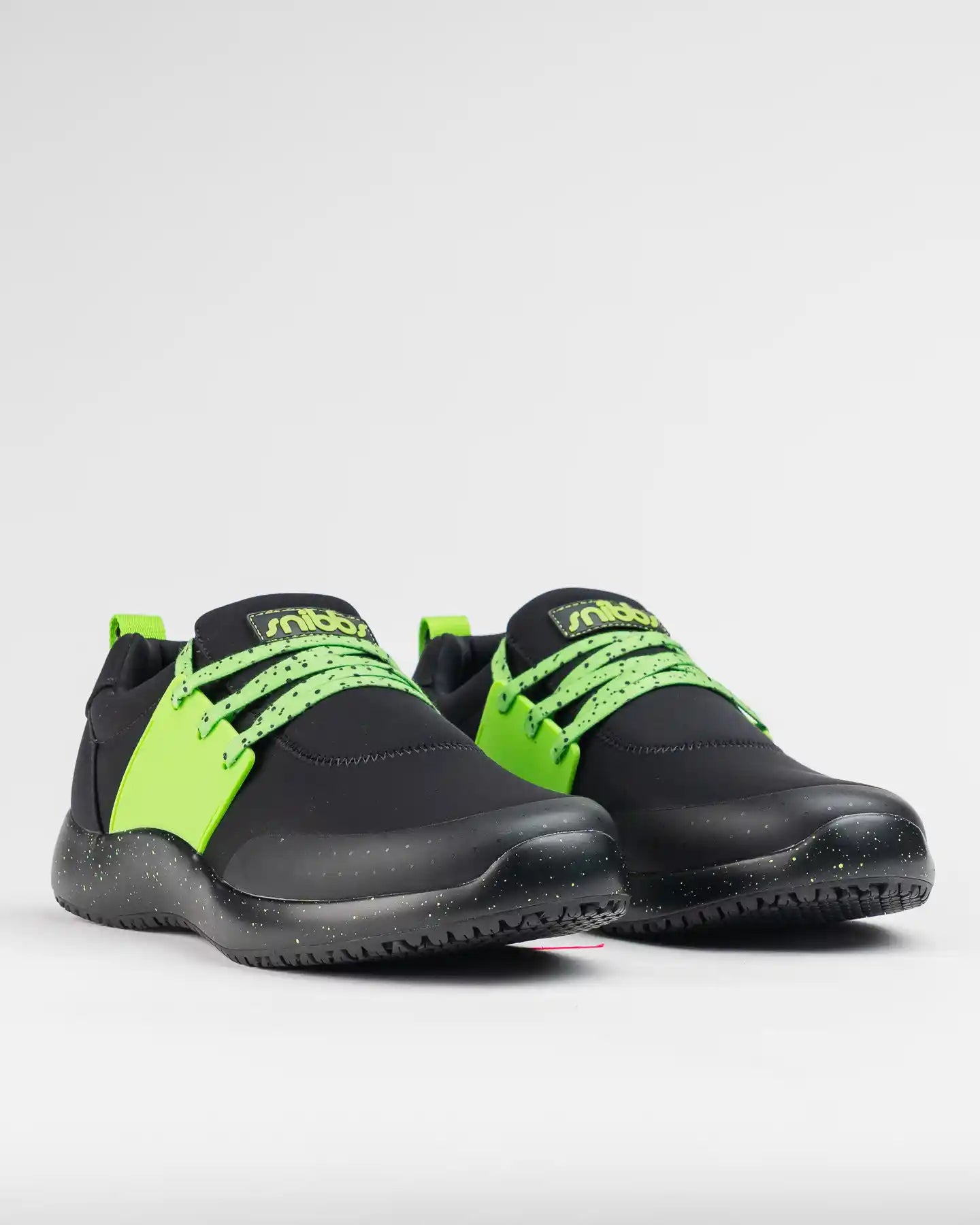 Snibbs Spacecloud 2.0 - Lime Truck: black athletic shoes with green accents and slip-resistant soles, shown on a white background.