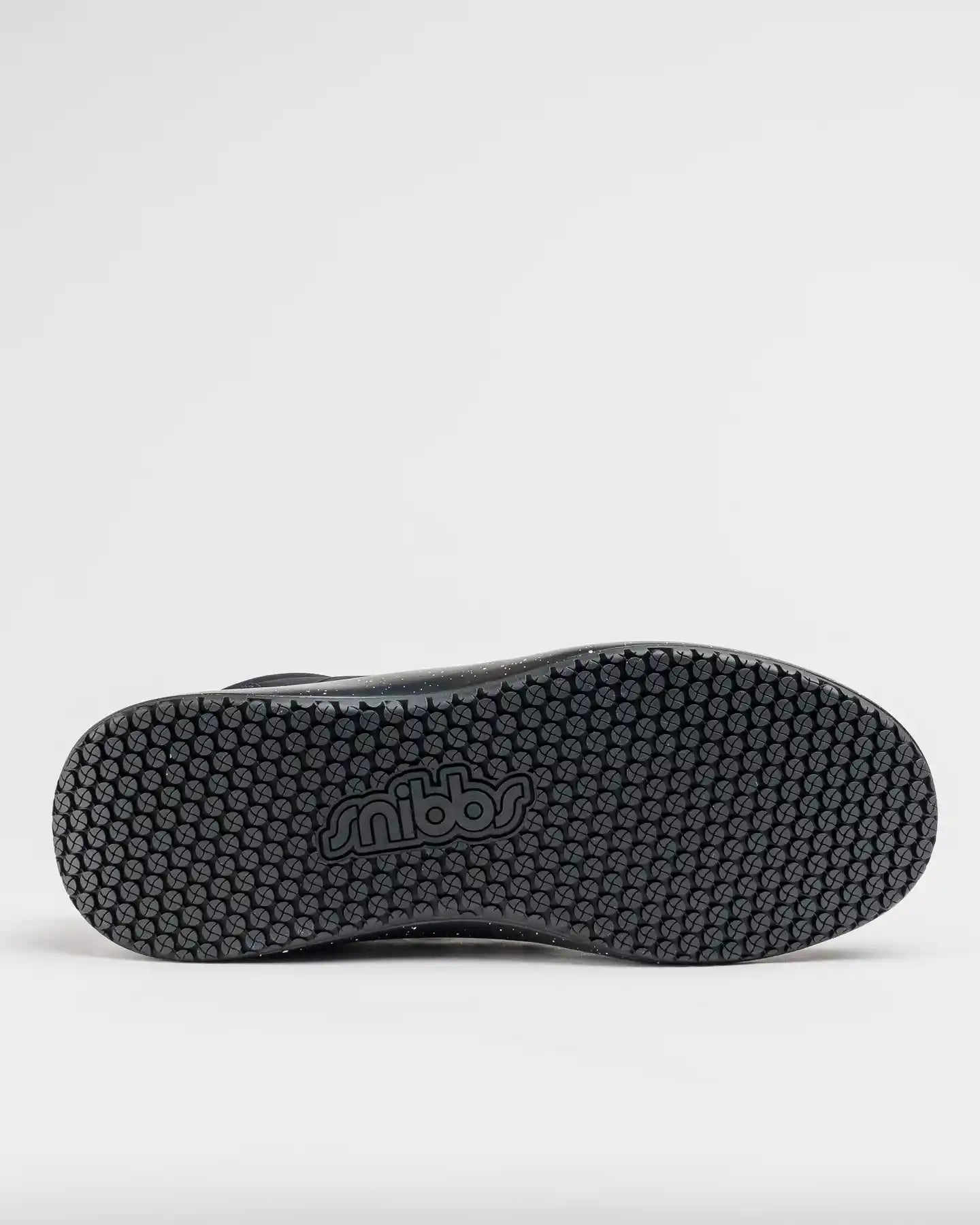 Spacecloud 2.0 - Black Speckle by Snibbs shown sole up, highlighting slip-resistant bumps and logo on a white background.