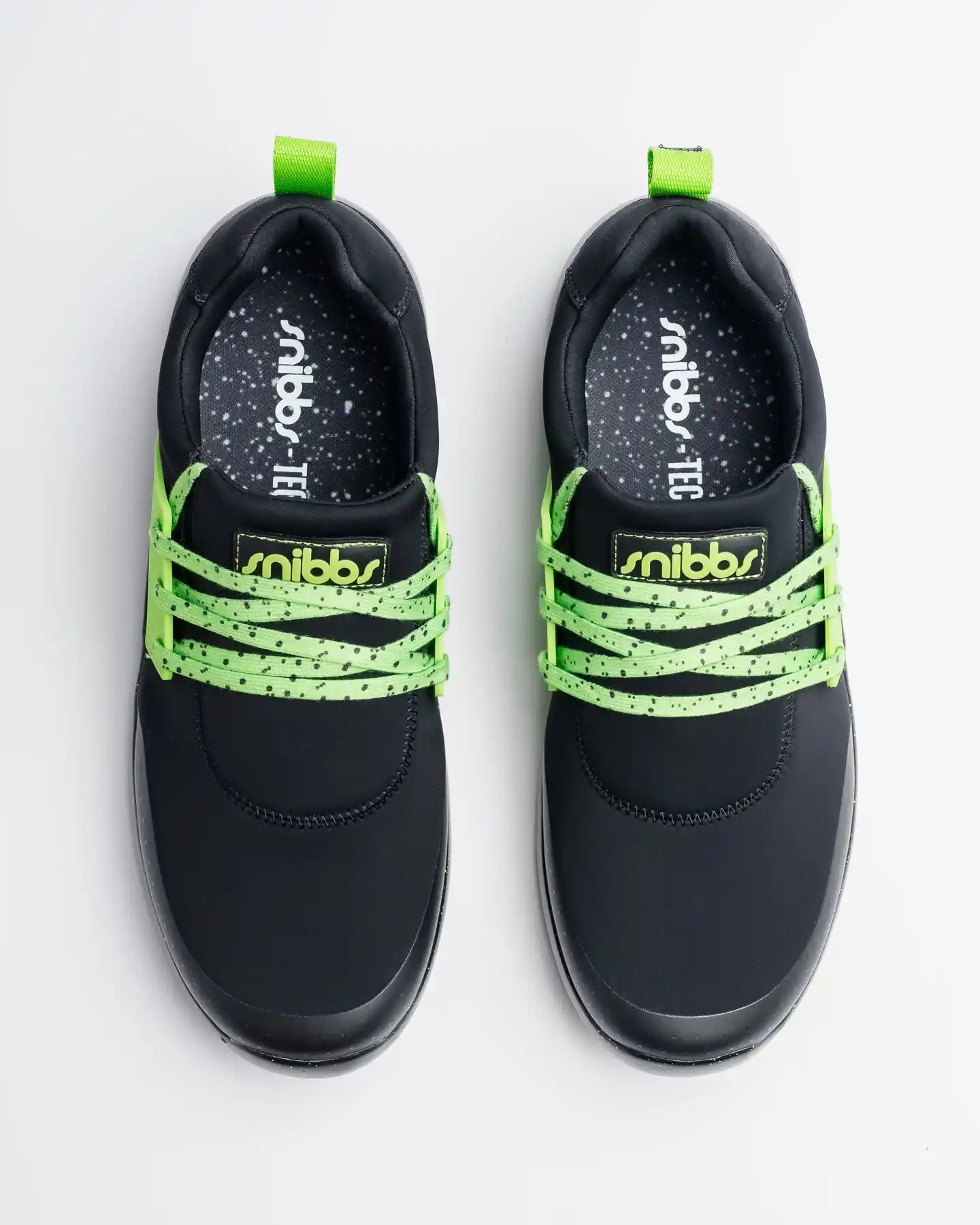 Snibbs Spacecloud 2.0 - Lime Truck slip-resistant black work sneakers with lime green speckled laces and green heel tabs, top view.