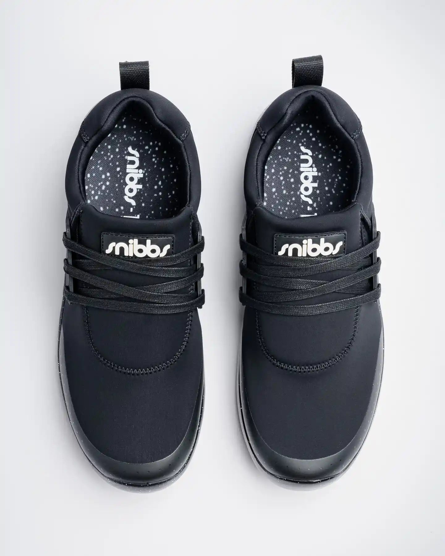 Snibbs Spacecloud 2.0 - Black Speckle: black vegan work sneakers, black laces, slip-resistant soles, dot-patterned insoles.