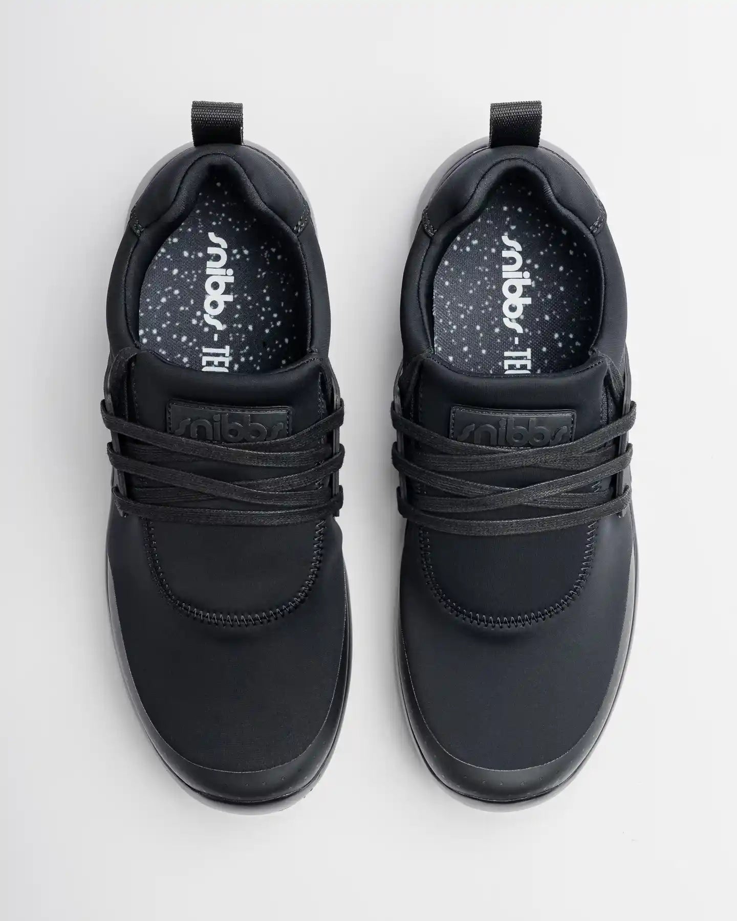 Snibbs Spacecloud 2.0 - Eclipse Black work sneakers shown from above on a light surface; sustainable and lace-up design.