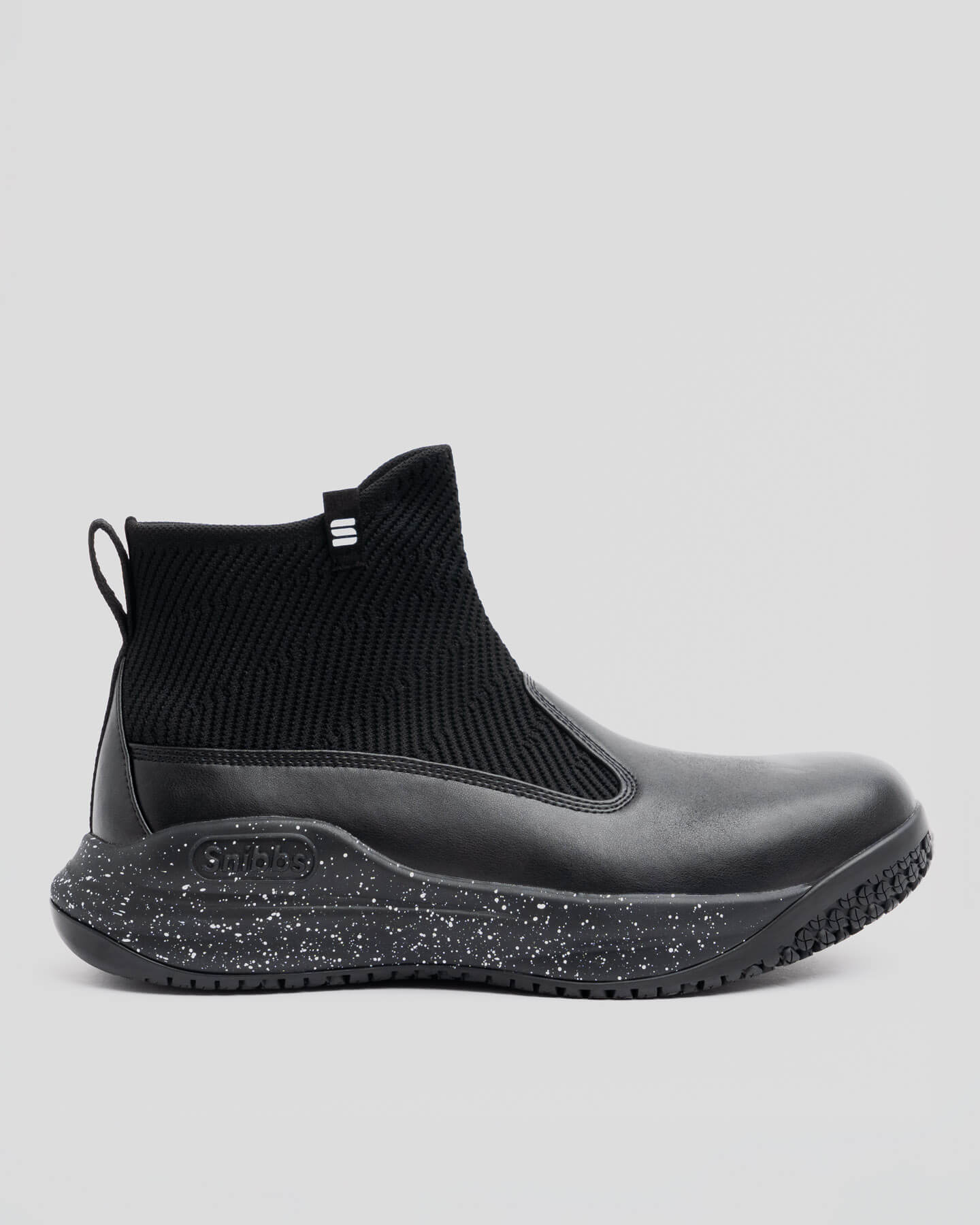 Snibbs Pro - Black Speckle: an ankle-high slip-on with non-slip rubber outsole, speckled midsole, shown in side profile.