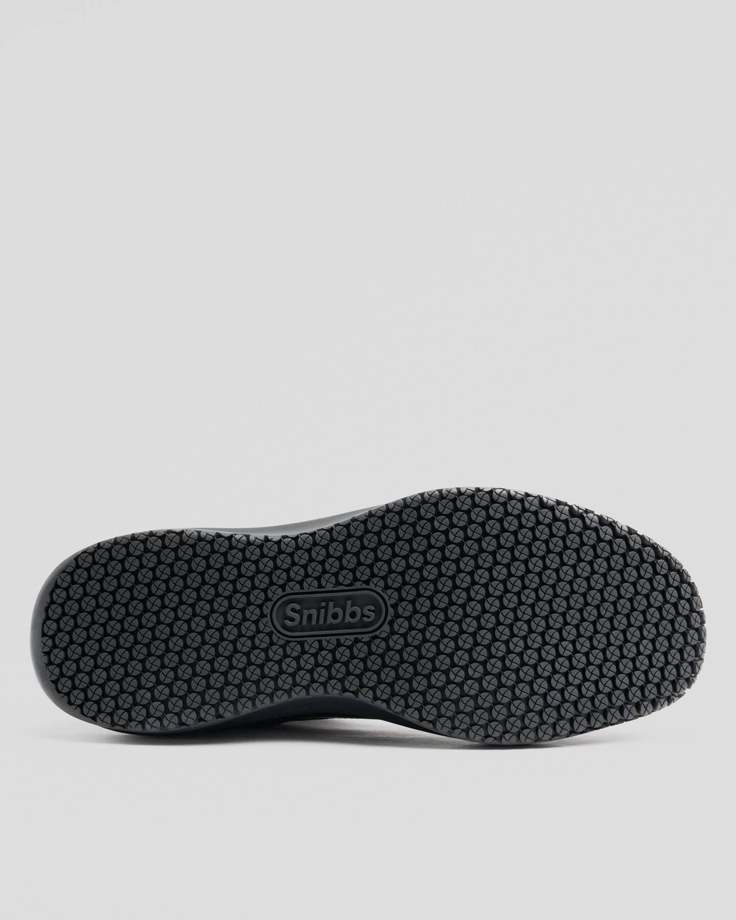 Bottom view of Snibbs Pro - Eclipse Black shoe with textured sole, maximum cushioning, and "Snibbs" in the center.