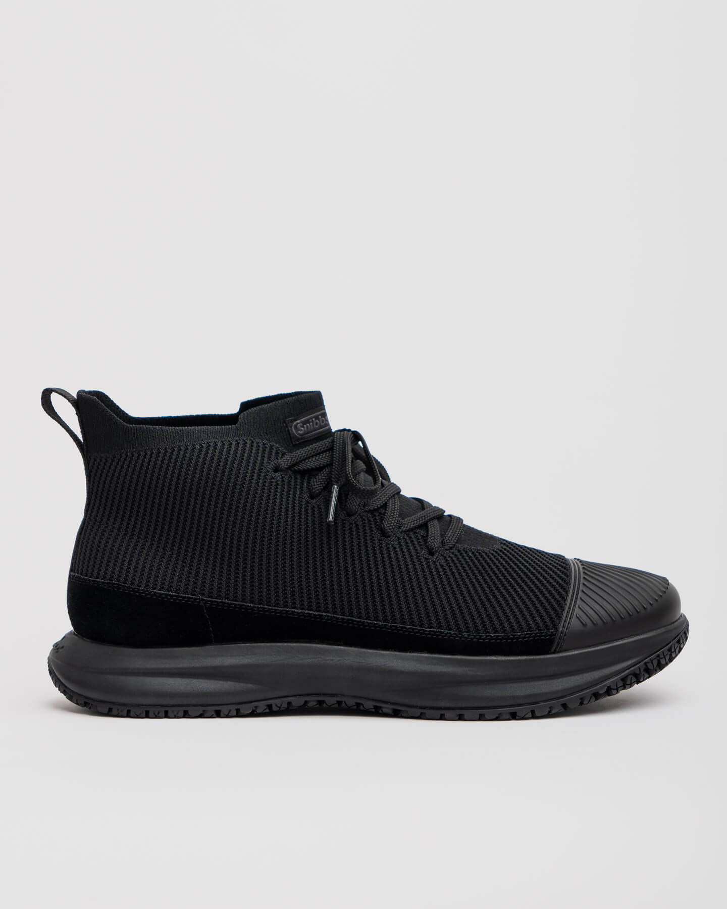 Snibbs ROVR Mid - Eclipse Black: black athletic sneaker with warp knit upper, lace-up closure, and slip-resistant rubber sole.