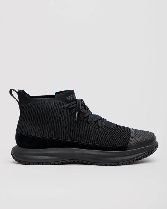 Snibbs ROVR Mid - Eclipse Black: black athletic sneaker with warp knit upper, lace-up closure, and slip-resistant rubber sole.