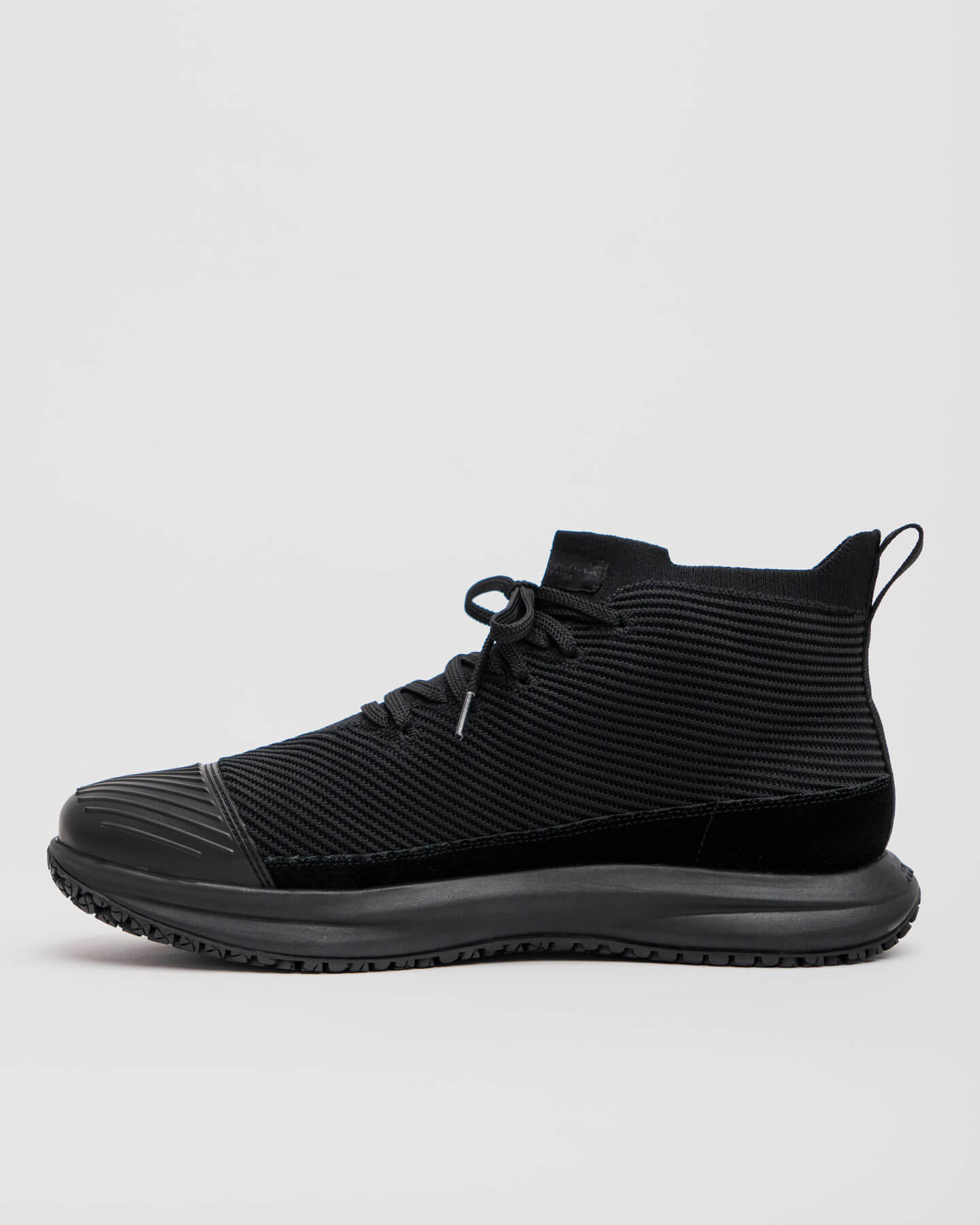 ROVR Mid - Eclipse Black by Snibbs: black athletic shoe with ribbed knit upper, lace-up front, pull tab, and slip-resistant sole.