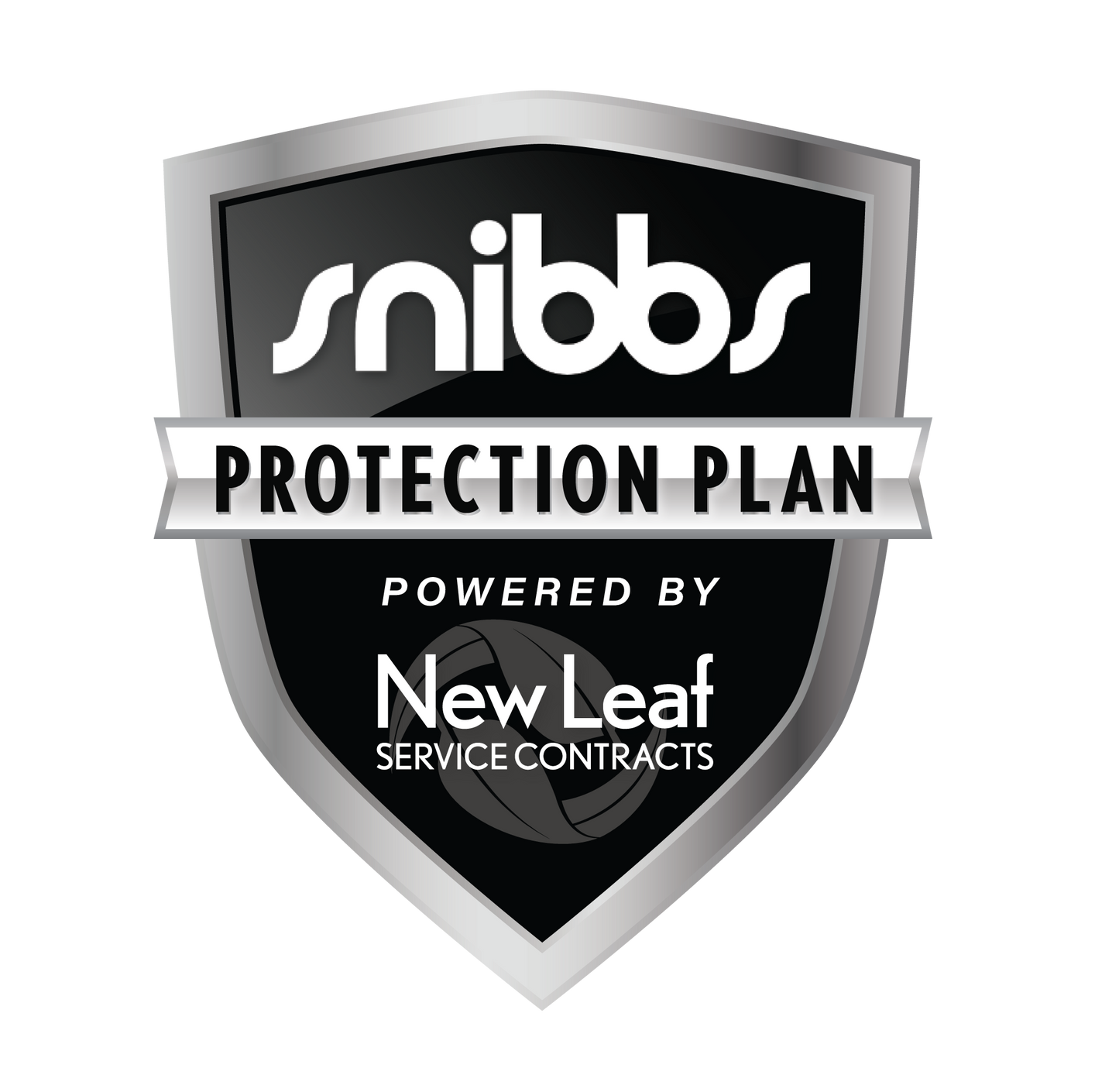 A black and silver shield logo featuring the text: Snibbs 1 Year Shoe Protection Plan Powered by New Leaf Service Contracts, emphasizing comprehensive shoe damage coverage within the Snibbs365 Protection Program.