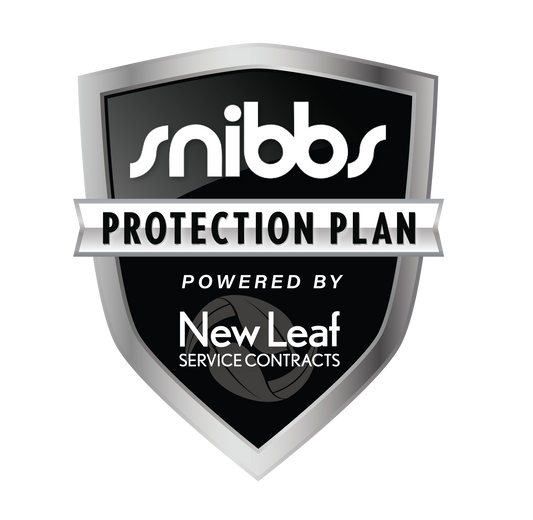 A black and silver shield logo featuring the text: Snibbs 1 Year Shoe Protection Plan Powered by New Leaf Service Contracts, emphasizing comprehensive shoe damage coverage within the Snibbs365 Protection Program.